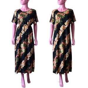 Hilo Hattie L Black Maxi Dress Hawaiian Original Pineapple Panel Plumeria Lei